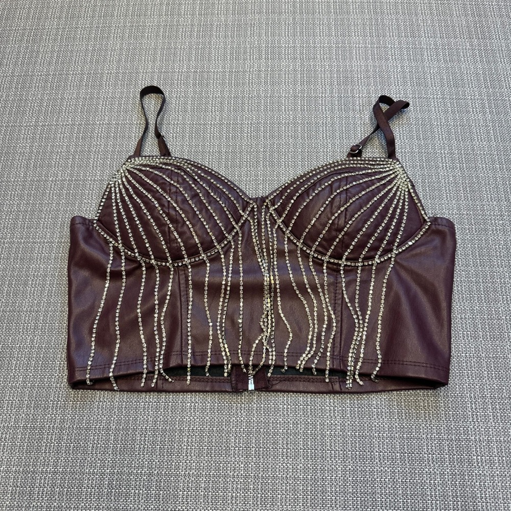 Y2K Faux Leather Corset Top Small Burgundy Rhinestone Festival Rave Moto Bustier